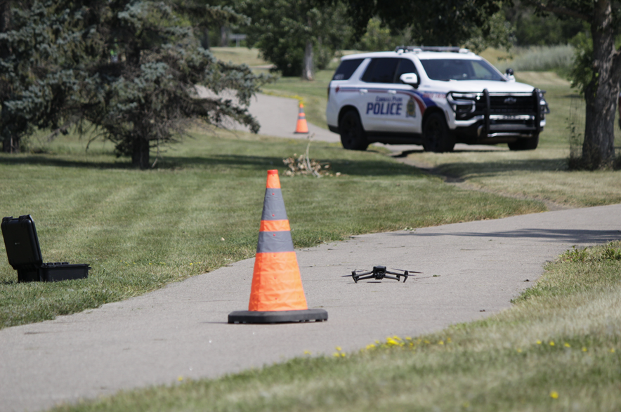 A police drone seen during a search-and-rescue operation on the South Saskatchewan River on July 31, 2026.
