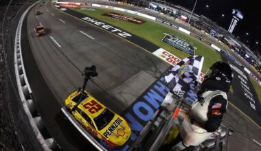 Joey Logano, driver of the #22 Shell Pennzoil Ford, takes the checkered flag to win the NASCAR Cup Series Cook Out 400 at Richmond Raceway on August 15, 2026 in Richmond, Virginia. (Photo by Jonathan Bachman/Getty Images for NASCAR)