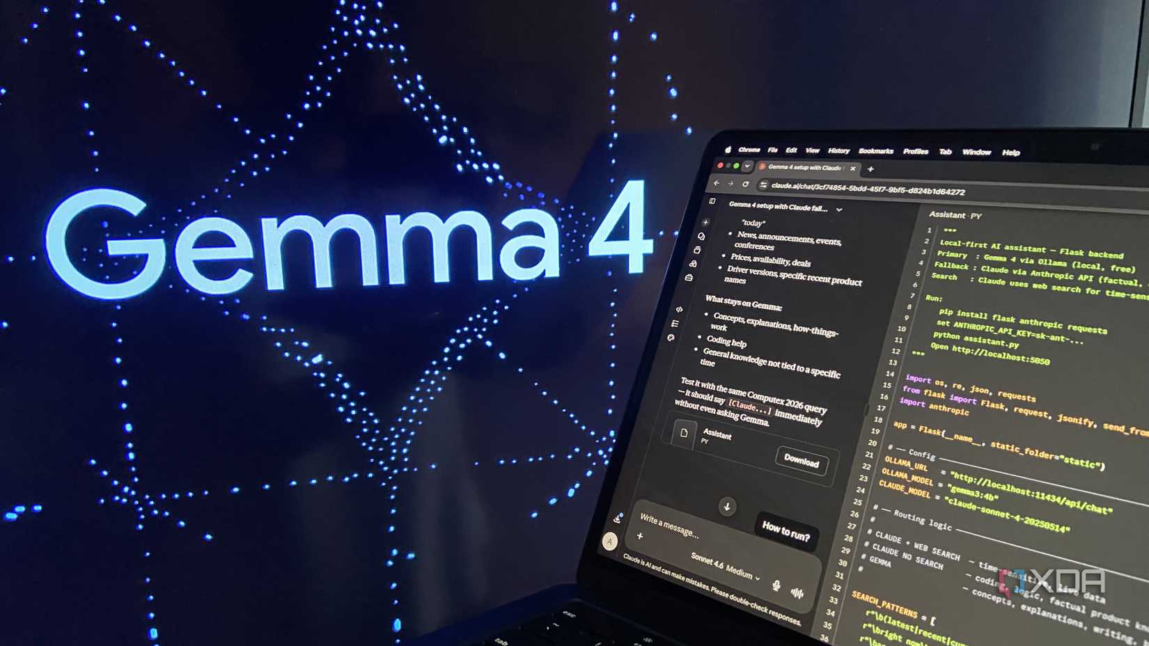 Claude running on an M1 Mac with Gemma 4 on a large display behind it.