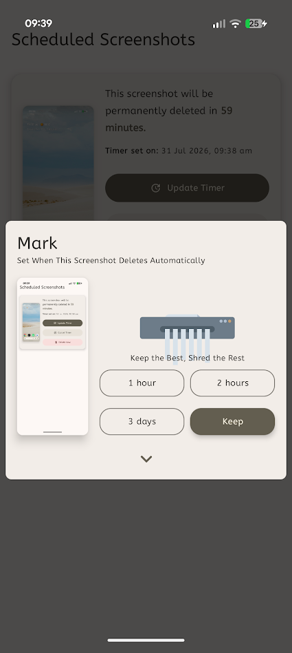 interface in mark app showing screenshot delete options