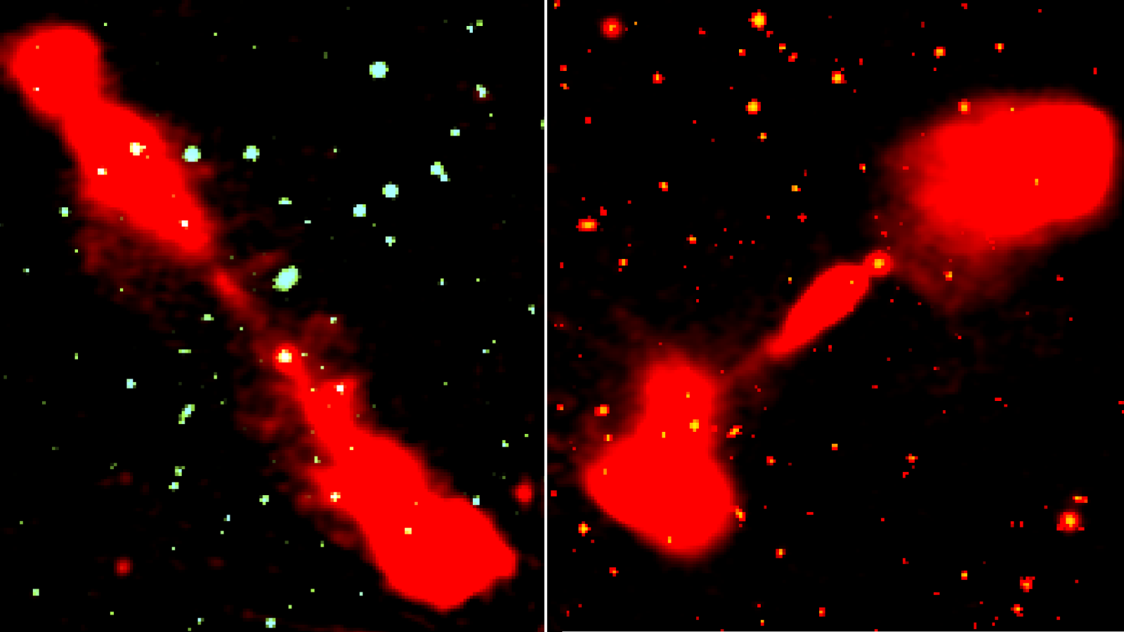 Side by side views of red lobes of radio galaxies against the darkness of space.