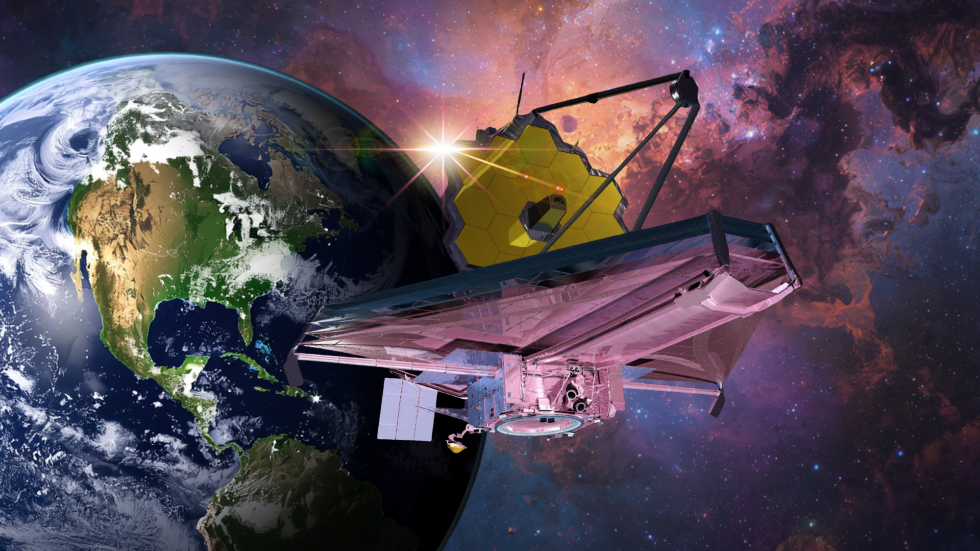 a telescope with a mirror made of gold hexagons floating on a starry background