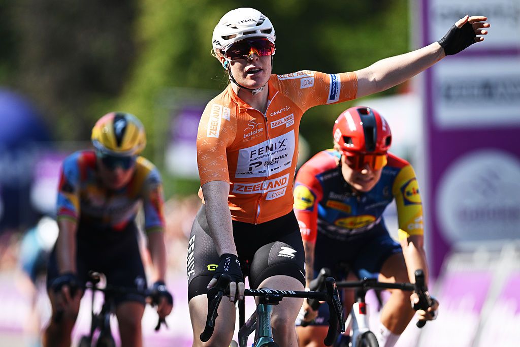 Charlotte Kool (Fenix-Premier Tech) wins stage 2 of the Baloise Ladies Tour in Zulte, Belgium. (Photo by Luc Claessen/Getty Images)