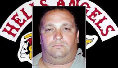 The Hells Angels logo with a centred inset image of a man.
