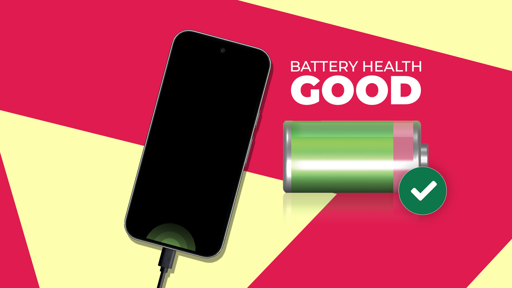 Phone charging beside a battery health indicator and check mark