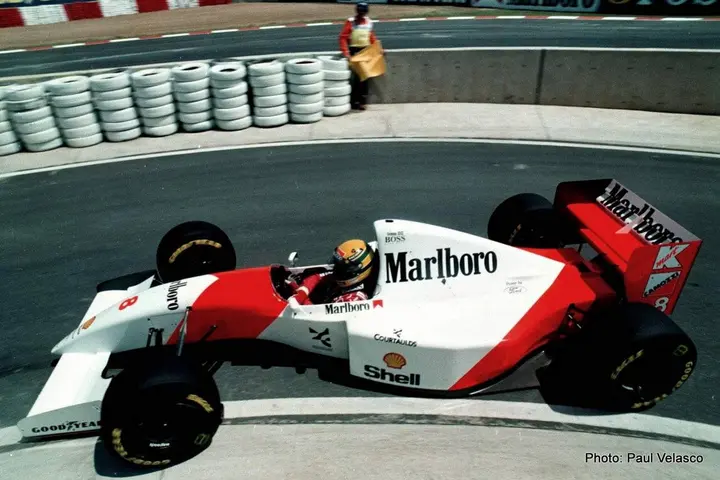 Multiple World Champion Brazilian Ayrton Senna at the wheel of a Marlboro McLaren Honda in action during the South African Formula One Grand Prix. (Photo by Paul Velasco / PictureNET Africa) tobacco advertising