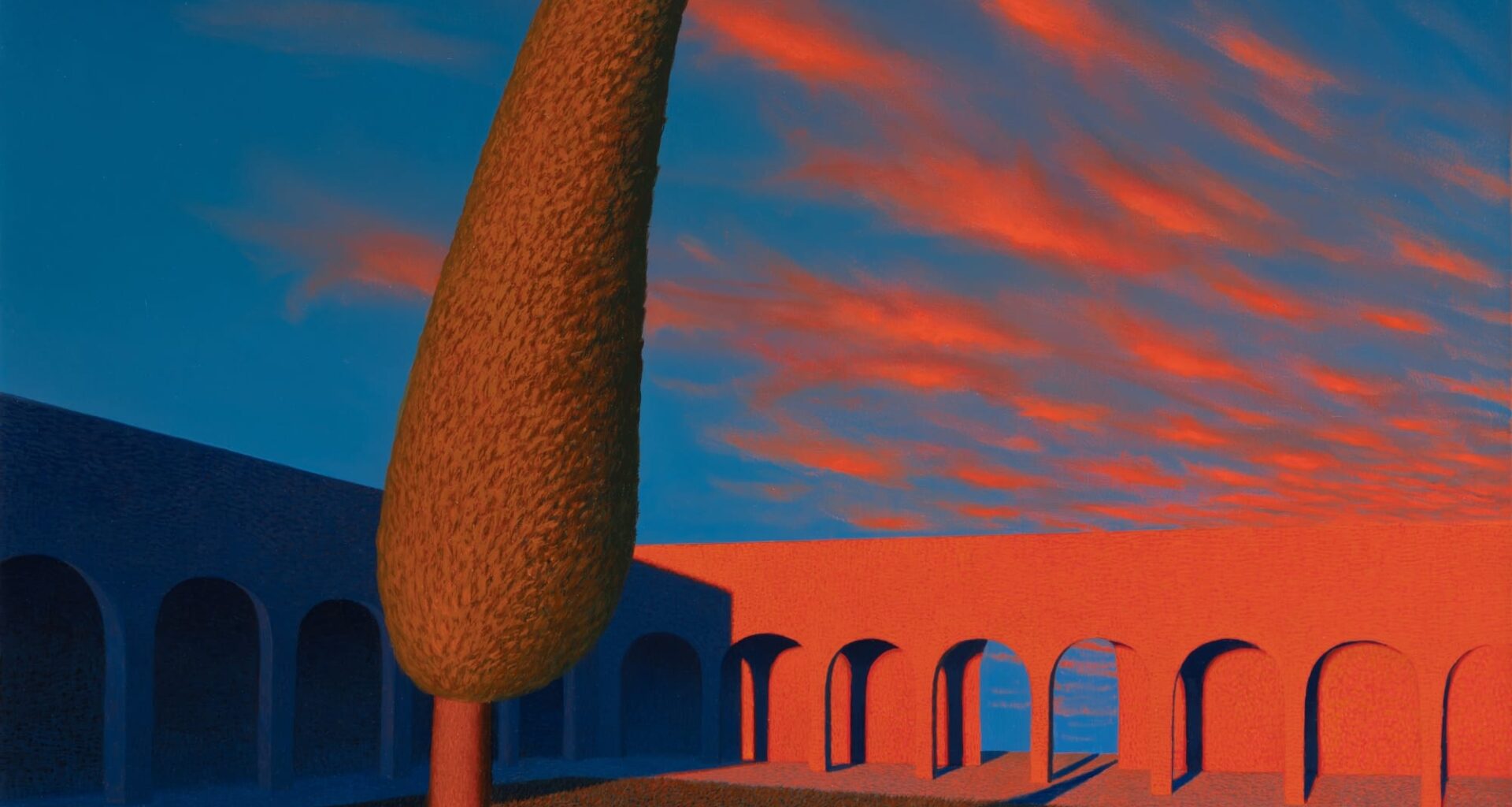 a painting of a tall, leaning, slender tree in front of a glowing arcade and blue sky with scattered clouds