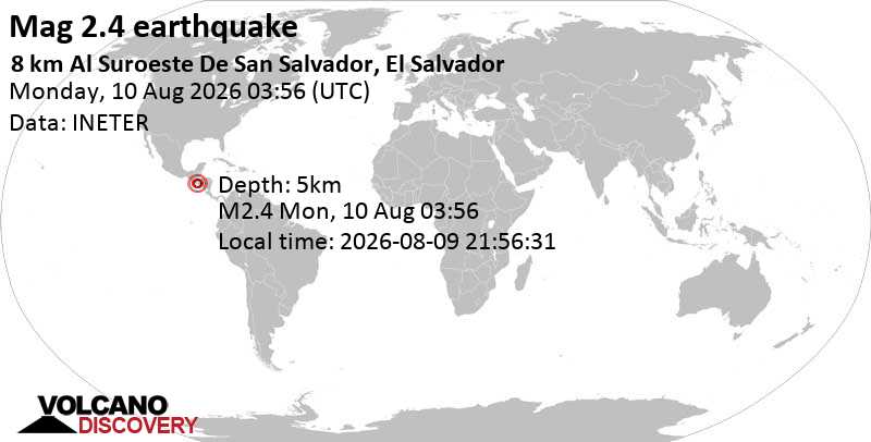 2.4 quake 2.4 km southwest of San Salvador, Departamento de San Salvador, El Salvador, Aug 9, 2026 09:56 pm (GMT -6)