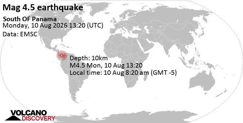 4.5 quake 133 km south of Panama City, Provincia de Panama, Panama, Aug 10, 2026 08:20 am (GMT -5)