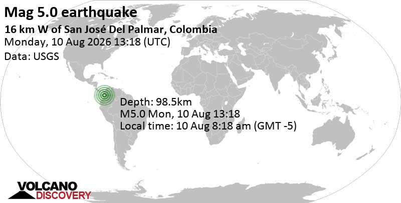 5.0 quake 93 km south of Quibdo, Departamento del Choco, Colombia, Aug 10, 2026 08:18 am (Bogota time)