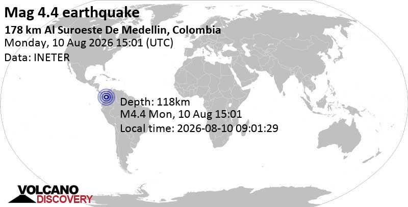 4.4 quake Departamento del Choco, 48 km northwest of La Union, Colombia, Aug 10, 2026 10:01 am (Bogota time)