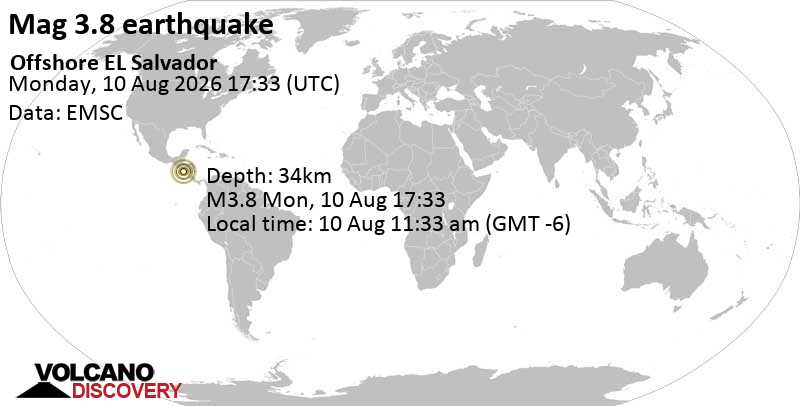 3.8 quake North Pacific Ocean, 92 km south of San Miguel, El Salvador, Aug 10, 2026 11:33 am (GMT -6)