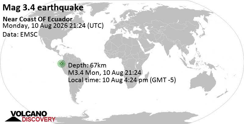 3.4 quake 32 km west of Naranjito, Provincia del Guayas, Ecuador, Aug 10, 2026 04:24 pm (Guayaquil time)
