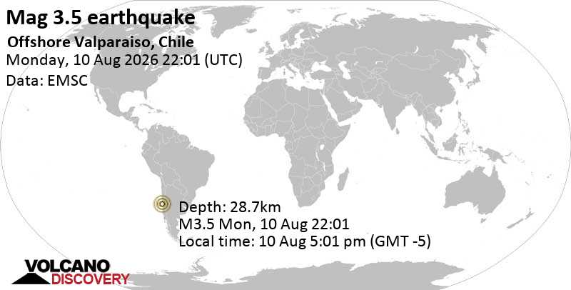 3.5 quake South Pacific Ocean, 50 km north of Valparaiso, Valparaiso, Region de Valparaiso, Chile, Aug 10, 2026 05:01 pm (GMT -5)