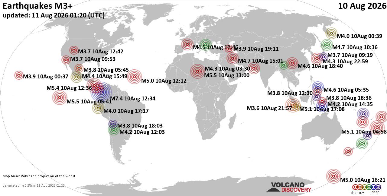 Worldwide earthquakes above magnitude 3 during the past 24 hours on 11 Aug 2026