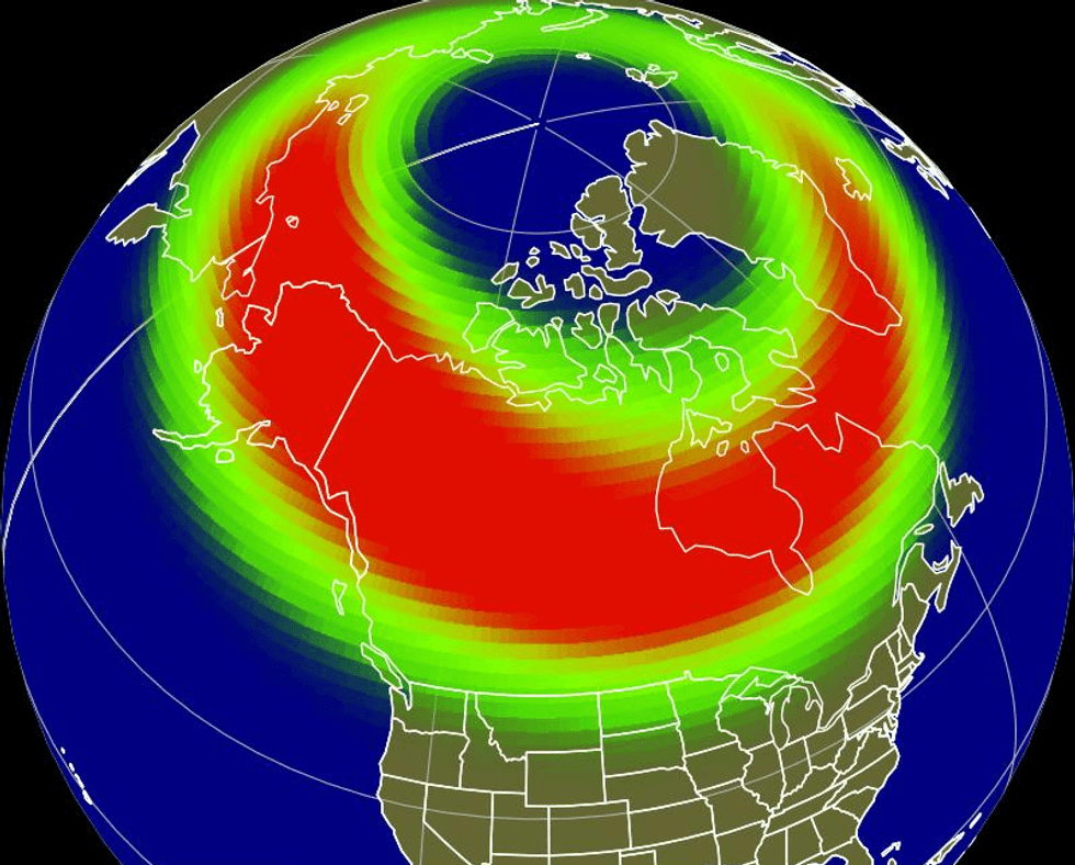 red and green aurora oval on northern lights forecast map of canada and the us