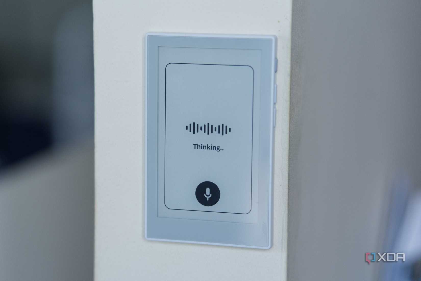 reTerminal Sticky with a "thinking" screen and a microphone icon