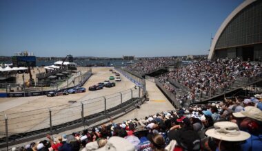 A general view of racing during the NASCAR Cup Series Anduril 250 at Naval Base Coronado on June 21, 2026 in San Diego, California. (Photo by James Gilbert/Getty Images for NASCAR)