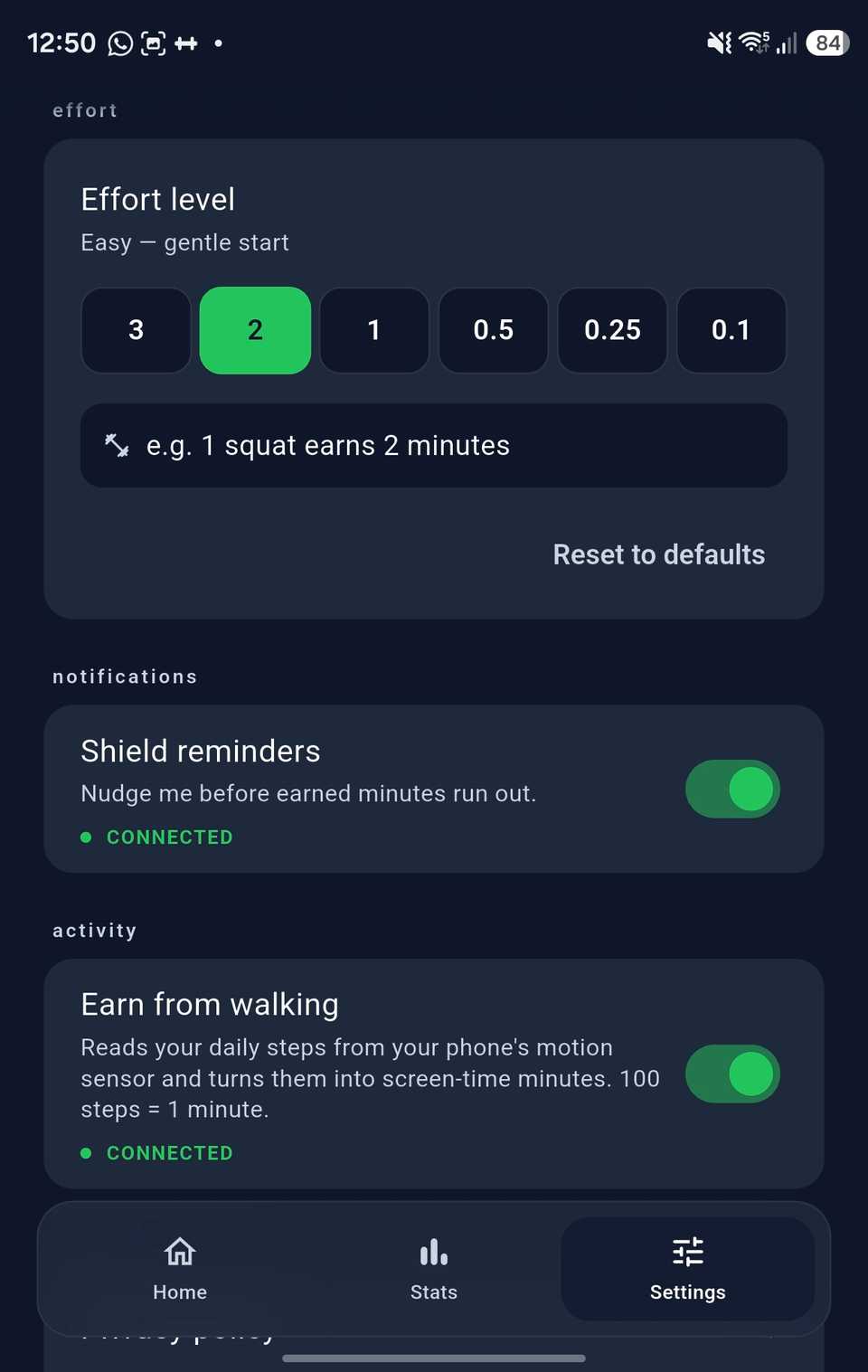 Workout Locker's setting page.
