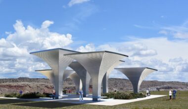 Funnels That Harvest Rain and Solar Power While Shading a Public Plaza