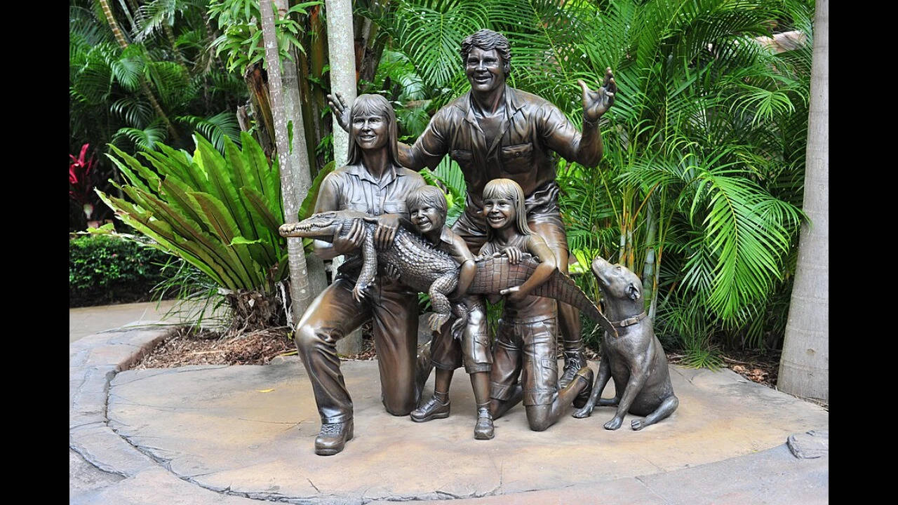 Statue of the Irwin family (Steve, Terry, Bob, and Bindi) at Australia Zoo. Image Credits: Wikimedia Commons. Statue_of_the_Irwin_family_at_Australia_Zoo-17March2010