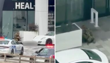 Two panel image, both screenshots from social media showing shooter crouched behind flower box