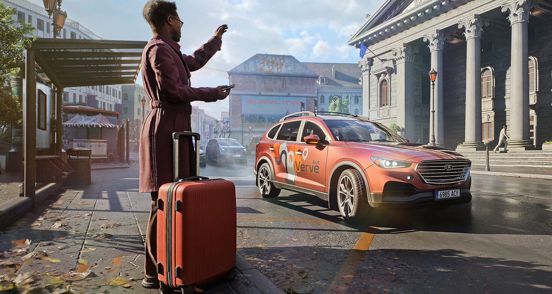 RIdeshare Stimulator screen - dude with a suitcase hailing a car