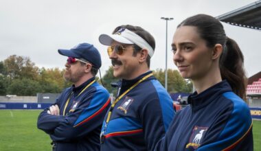 Brendan Hunt, Jason Sudeikis and Tanya Reynolds in Ted Lasso season 4.