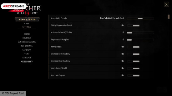 The Witcher 3 Remastered - Bard's Ballad accessibility presets.
