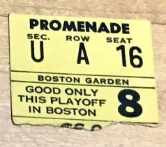 Ticket stub for Game 6, the last time Bill Russell and Sam Jones played in Boston. The price (obscured) was $6.00.