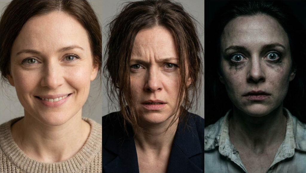 A series showing a woman's face as she transforms
