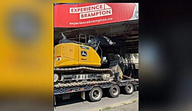 Truck stuck under downtown Brampton bridge stalls traffic