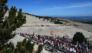 A general view of the peloton compete climbing to the Mont Ventoux (1902m) landscape during the 112th Tour de France 2025