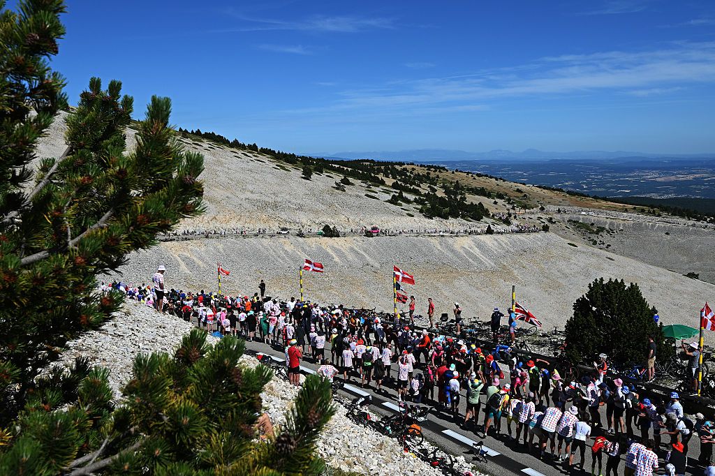 A general view of the peloton compete climbing to the Mont Ventoux (1902m) landscape during the 112th Tour de France 2025
