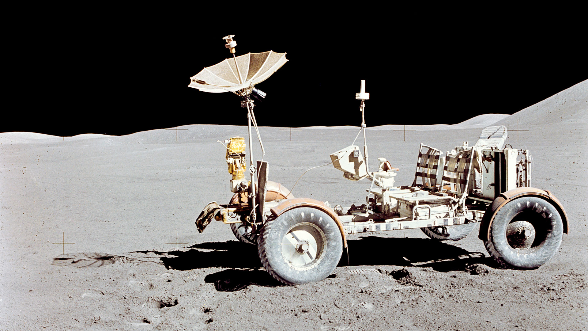 The Lunar Roving Vehicle is seen on the moon during the Apollo 15 mission, the first to use the LRV, in 1971.