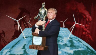 A graphic depicting Donald Trump holding a bronze statue of a coal miner against a backdop of the globe with winf turbines sticking out from it.