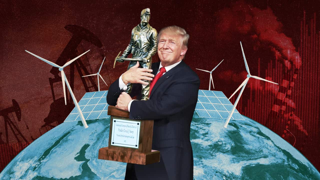 A graphic depicting Donald Trump holding a bronze statue of a coal miner against a backdop of the globe with winf turbines sticking out from it.