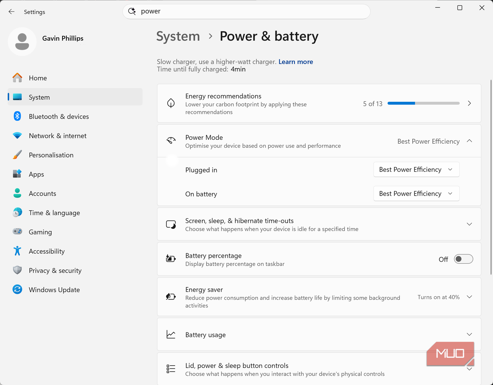 windows 11 power mode settings menu.