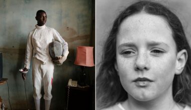 A split-screen image showing a young fencer in a white uniform standing in a room on the left and a close-up portrait of a girl with freckles on the right.