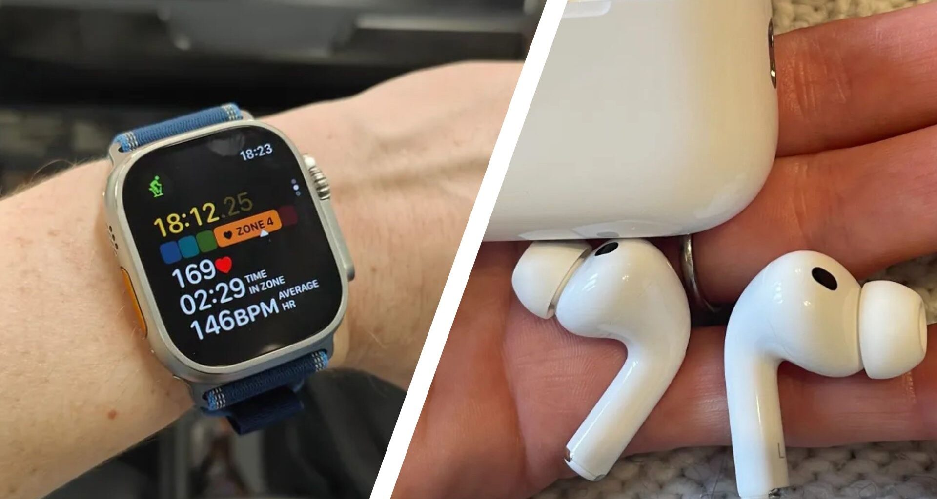 The Apple Watch 3 and AirPods Pro 3 during our tests in a split-image