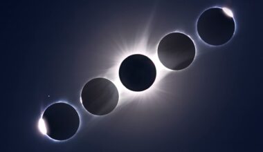 A composite image of 5 sun/moon conjunctions showing the stages of a total solar eclipse arrayed in a diagonal line in a dark sky, with the point of maximum eclipse in the middle.