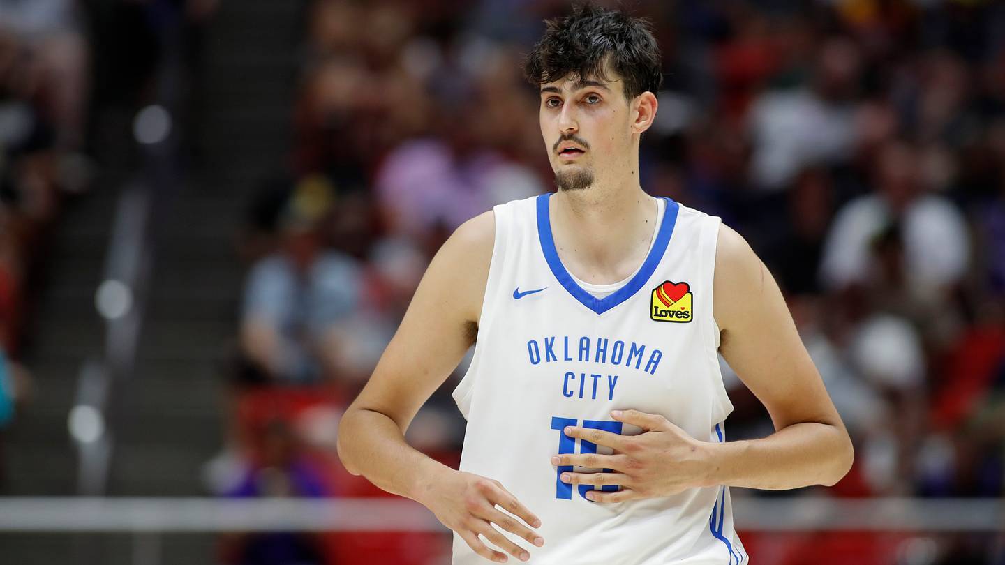 Aday Mara #15 of the Oklahoma City Thunder runs down the court against the Memphis Grizzlies during the second half at the 2026 NBA Salt Lake City SL.