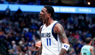 Feb 27, 2025; Dallas, Texas, USA;  Dallas Mavericks guard Kyrie Irving (11) reacts after scoring against the Charlotte Hornets during the second half at American Airlines Center. Mandatory Credit: Kevin Jairaj-Imagn Images