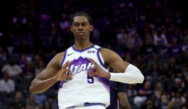 Mar 15, 2026; Sacramento, California, USA; Utah Jazz forward Cody Williams (5) reacts towards his bench after making a three-point basket against the Sacramento Kings during the fourth quarter at Golden 1 Center. Mandatory Credit: Dennis Lee-Imagn Images