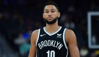 Oct 9, 2023; Las Vegas, Nevada, USA; Brooklyn Nets guard Ben Simmons (10) before playing against the Los Angeles Lakers  during the first half at T-Mobile Arena on October 9, 2023.