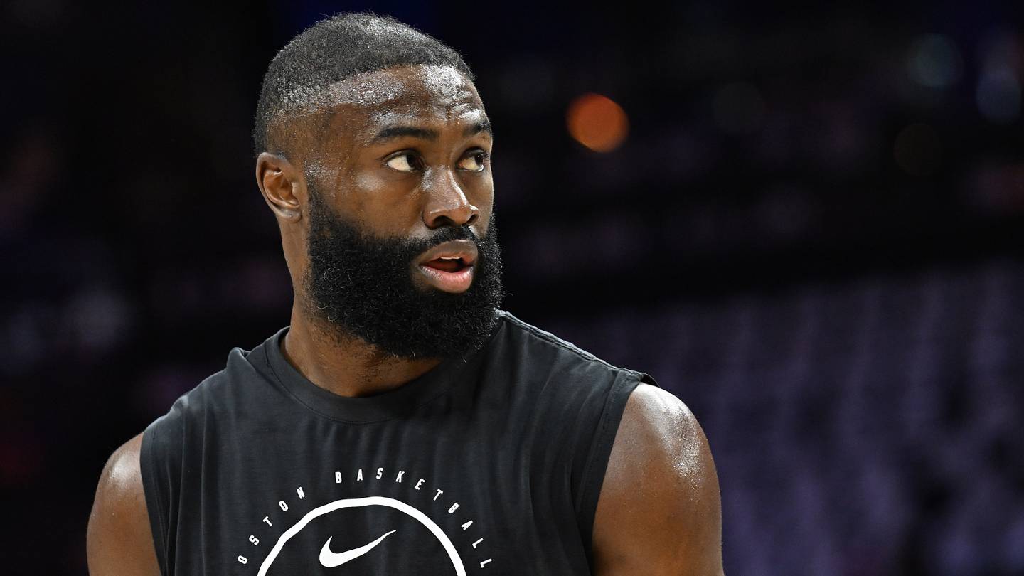 Apr 26, 2026; Philadelphia, Pennsylvania, USA; Boston Celtics guard Jaylen Brown (7) during warmups against the Philadelphia 76ers at Xfinity Mobile Arena. Mandatory Credit: Eric Hartline-Imagn Images