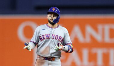 Sep 2, 2026; St. Petersburg, Florida, USA;  New York Mets third base Bo Bichette (19) reacts after hitting a double during the seventh inning against the Tampa Bay Rays at Tropicana Field. at Tropicana Field.  Mandatory Credit: Nathan Ray Seebeck-Imagn Images