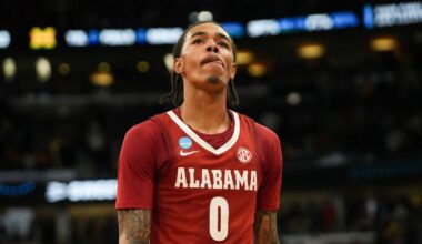 Alabama Crimson Tide guard Labaron Philon Jr. (0) looks on after a Sweet Sixteen game of the Midwest Regional of the men's 2026 NCAA Tournament against the Michigan Wolverines at United Center on Mar. 27, 2026.