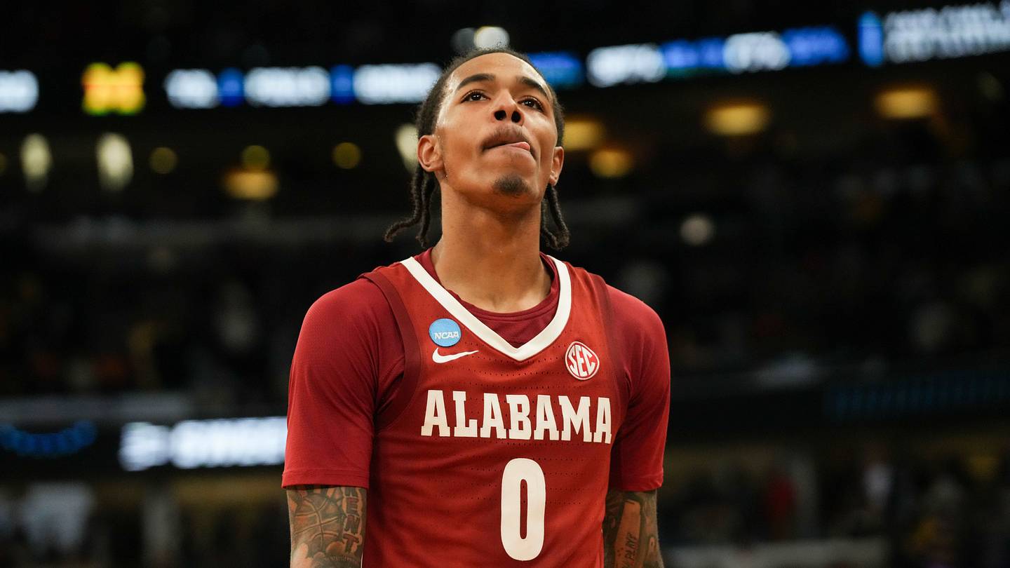 Alabama Crimson Tide guard Labaron Philon Jr. (0) looks on after a Sweet Sixteen game of the Midwest Regional of the men's 2026 NCAA Tournament against the Michigan Wolverines at United Center on Mar. 27, 2026.