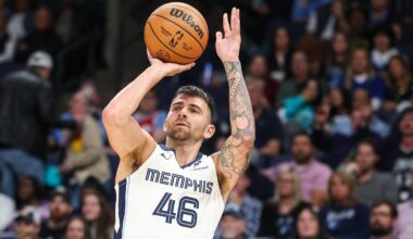 Oct 25, 2025; Memphis, Tennessee, USA; Memphis Grizzlies guard John Konchar (46) Mandatory Credit: Wesley Hale-Imagn Images